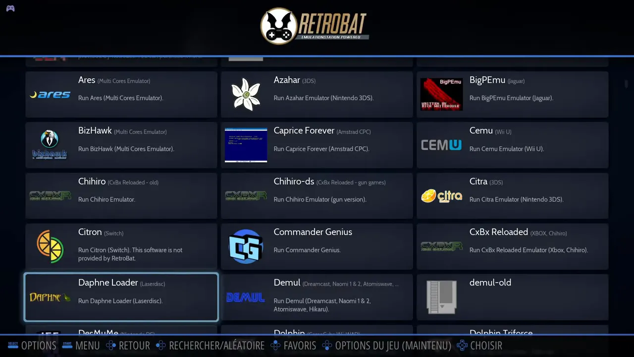 Menu RetroBat affichant la liste des émulateurs avec visual pinball sélectionné