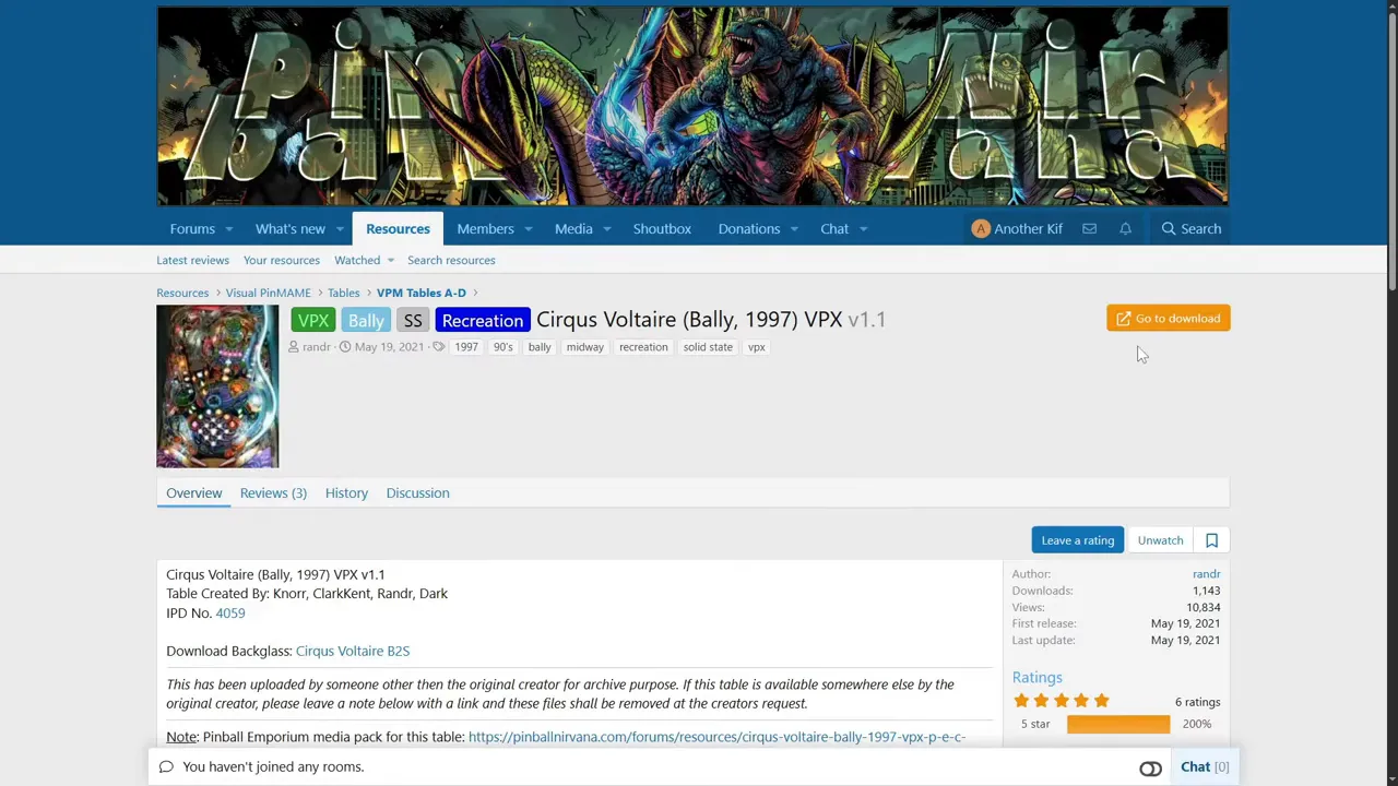 Page d une table sur pinball nirvana avec description bouton de téléchargement et lien de rom