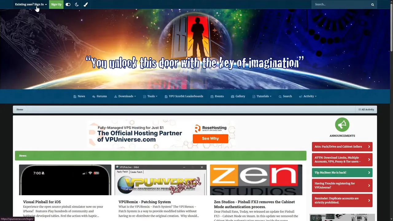 Page d accueil du site vpuniverse avec barre de recherche et menu principal