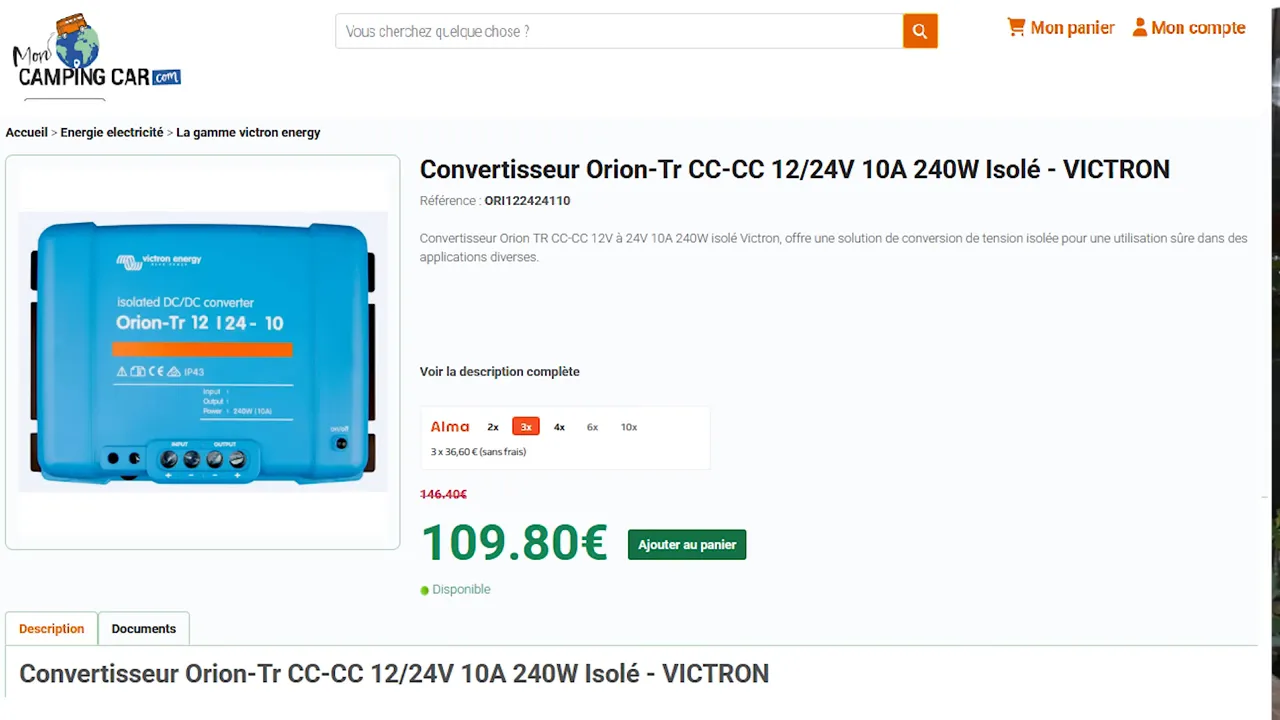 Page produit du convertisseur Victron Orion-Tr 12/24V 10A 240W avec prix et description