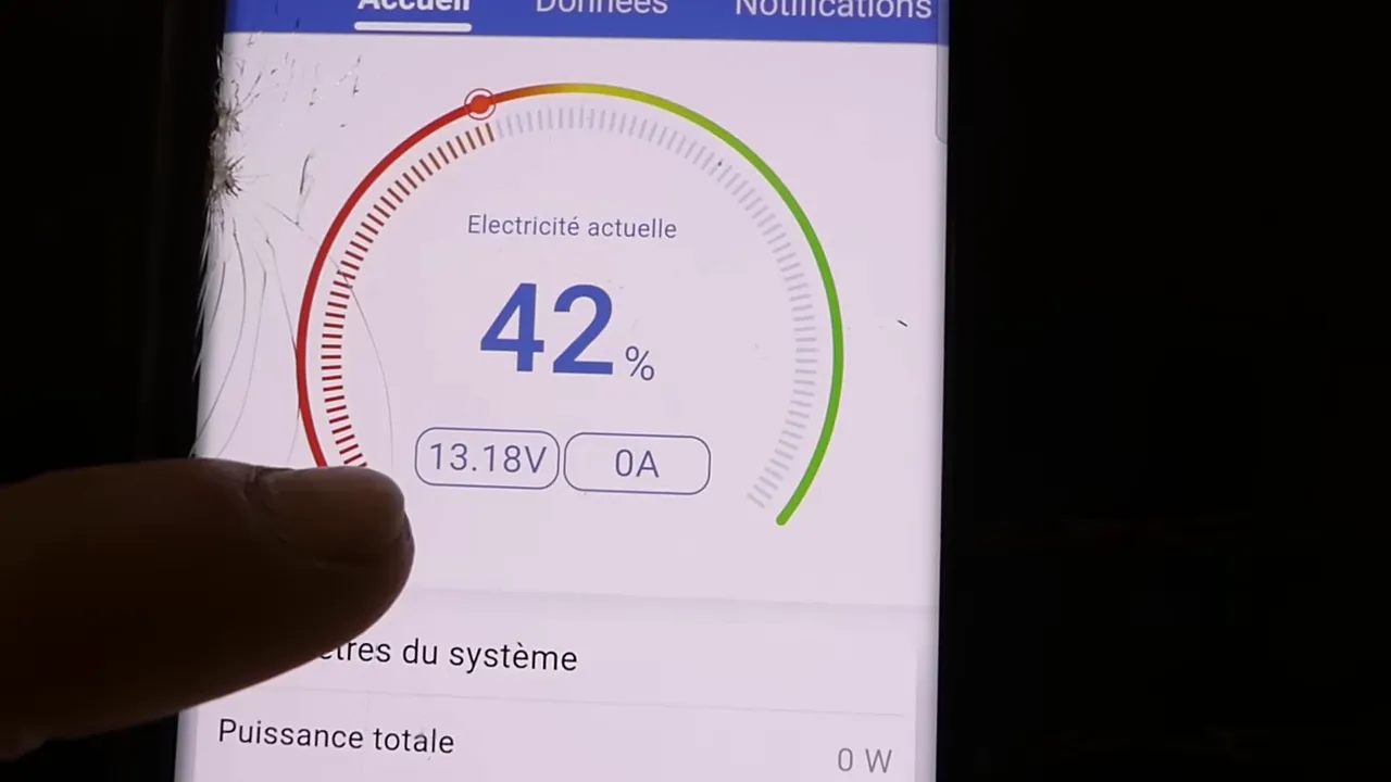 Écran application ECO‑WORTHY montrant jauge 42% et 13.18 V