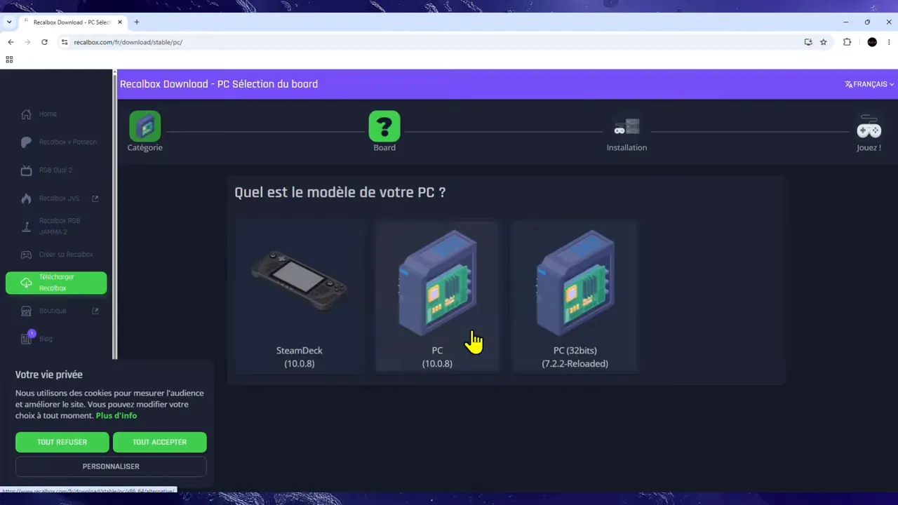 Page Recalbox présentant les différentes versions disponibles pour PC