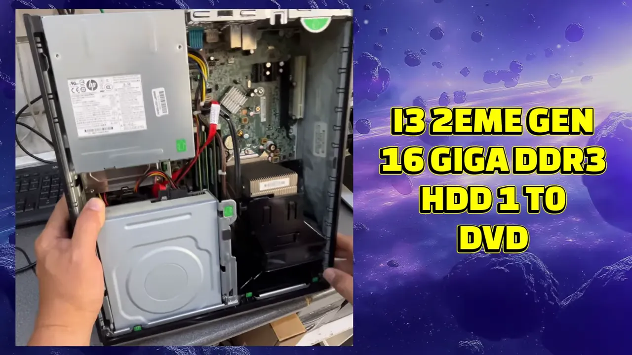 Intérieur du PC HP avec les caractéristiques i3 deuxième génération, 16 Go DDR3, disque de 1 To et DVD