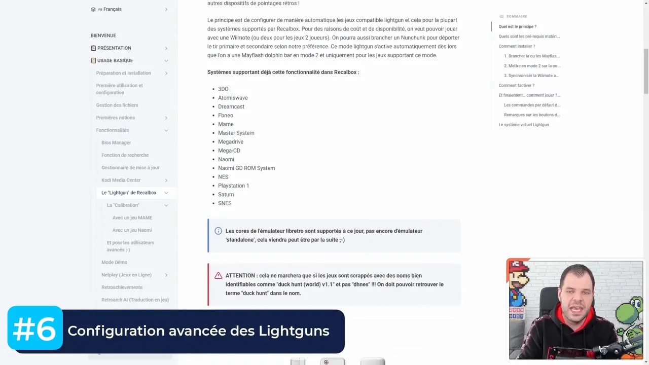Capture d’écran documentation Recalbox : sections sur les émulateurs et remarques pour les Lightguns
