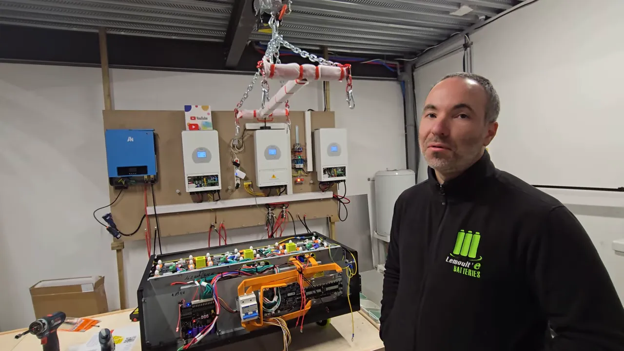 Batterie solaire 16 kWh ouverte sur un établi montrant BMS, bus bars, câbles et onduleurs muraux