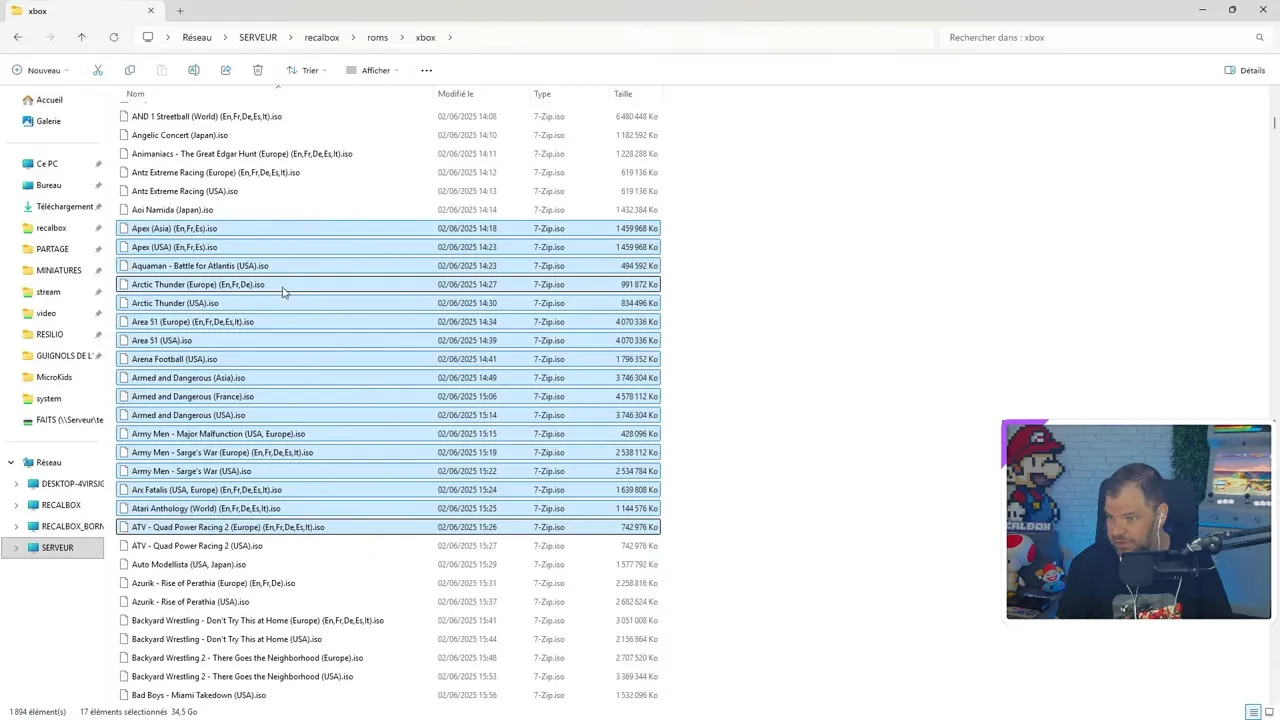 Explorateur Windows montrant plusieurs fichiers de jeux Xbox avec tailles variées pour distinguer ISO brut et XISO