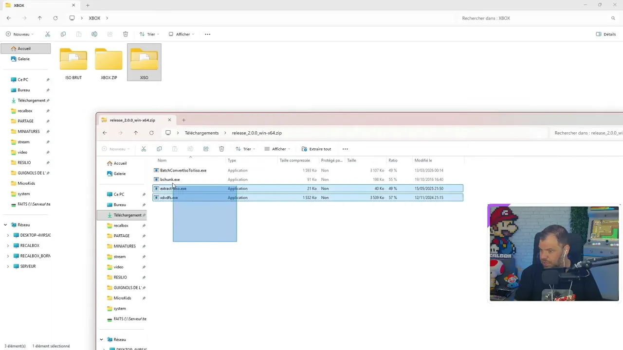 Fichiers extraits d’une release Batch ISO to XISO Converter dans l’explorateur Windows