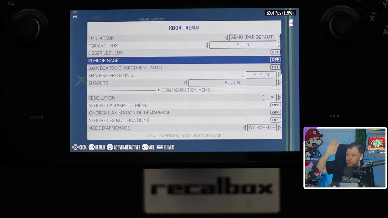 Écran de configuration Xemu dans Recalbox Xbox avec Rembobinage OFF et Shaders sur AUCUN