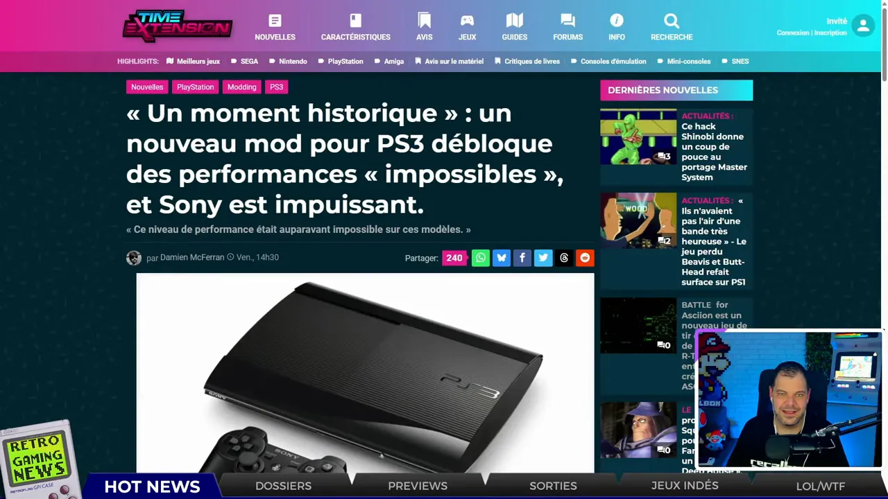 Capture d'écran d'un article parlant d'un mod PS3, avec grande image d'une PS3 et vignette du présentateur.