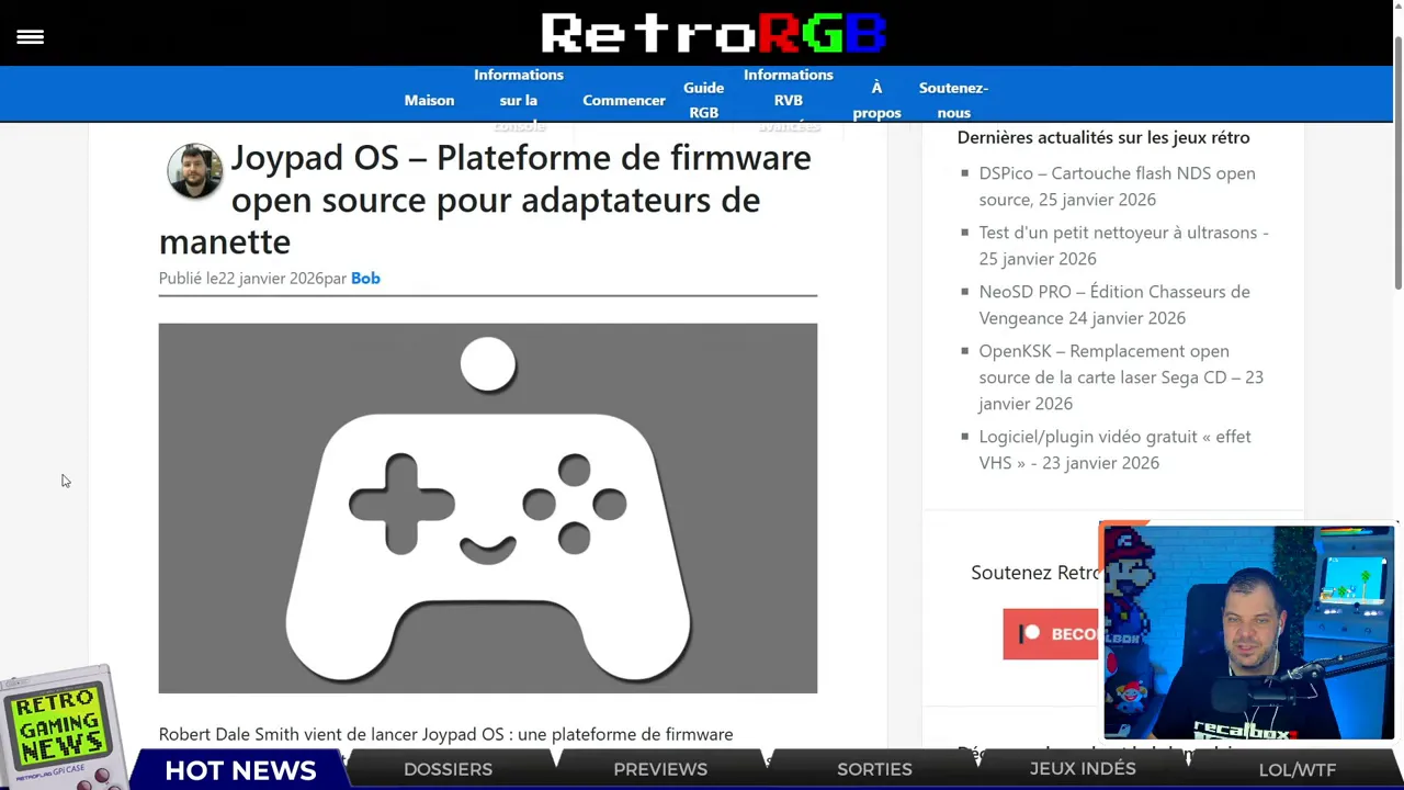 Capture d'écran d'un article RetroRGB en français sur Joypad OS, grande image de manette et aperçu du présentateur en vignette