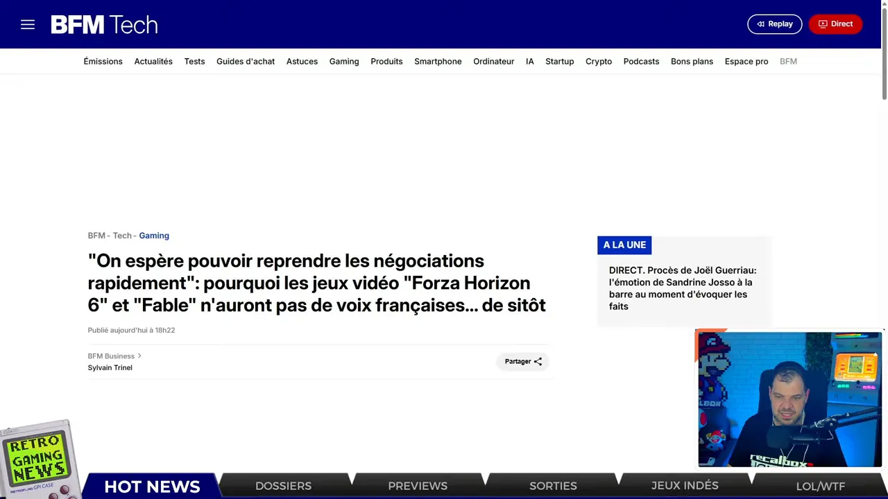 Capture d'écran nette d'un article BFM Tech expliquant pourquoi Forza Horizon 6 et Fable risquent de ne pas avoir de doublage français.