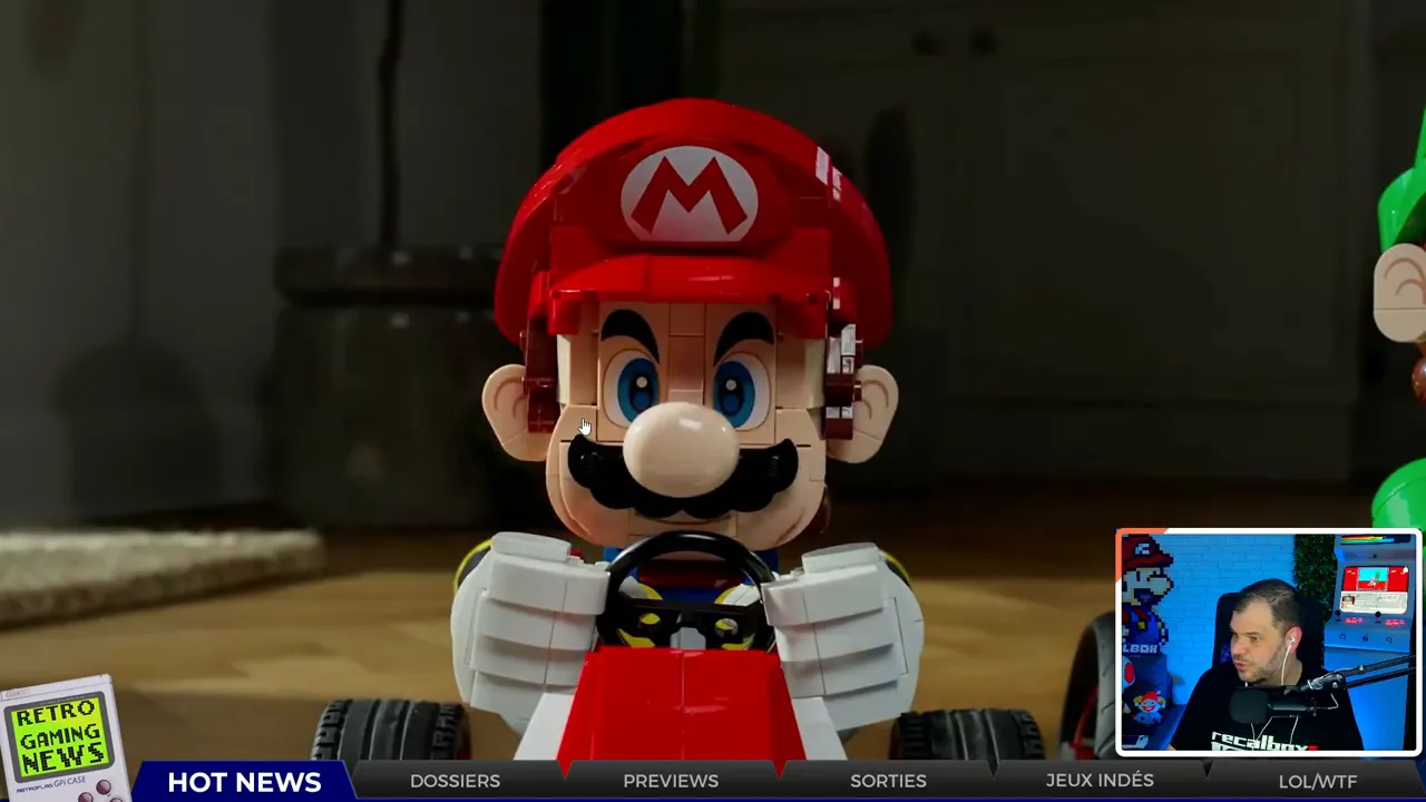 figurine Mario au volant d'un kart, vue frontale nette et centrée