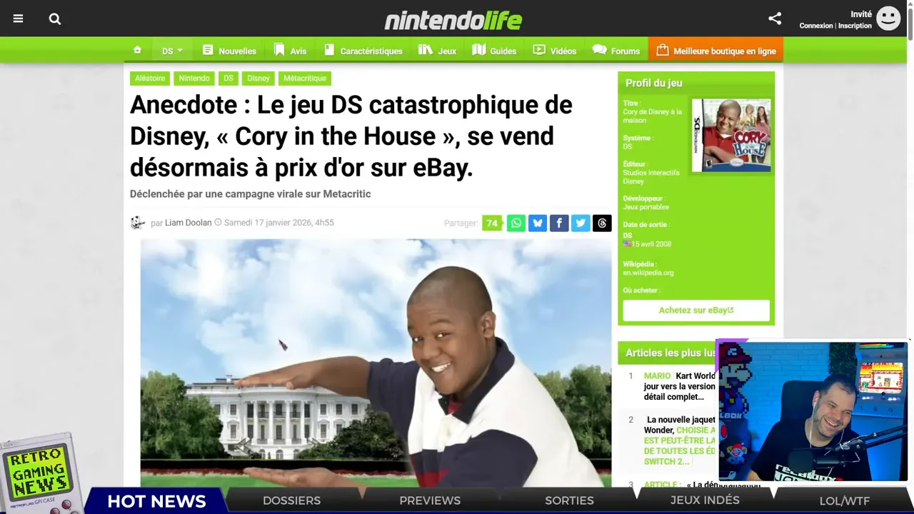 Capture d'écran d'un article NintendoLife intitulé sur le jeu DS 'Cory in the House' avec image du jeu