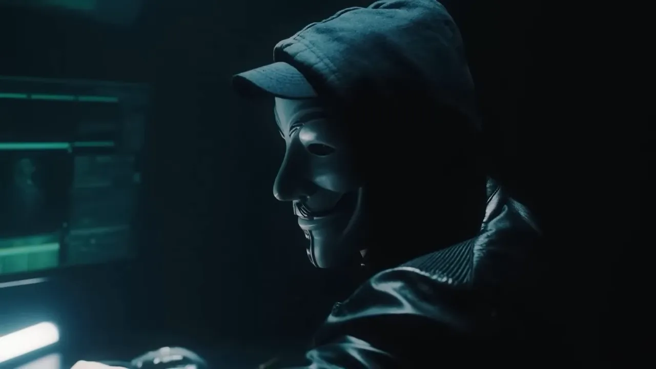 Personne masquée de type Guy Fawkes travaillant devant un écran