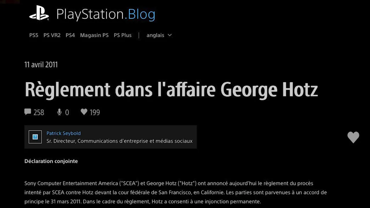 Capture du billet officiel PlayStation.blog annonçant le règlement dans l'affaire George Hotz