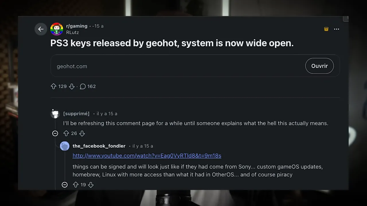 Capture d'écran d'un fil Reddit avec le titre « PS3 keys released by ... » indiquant que le système est désormais ouvert