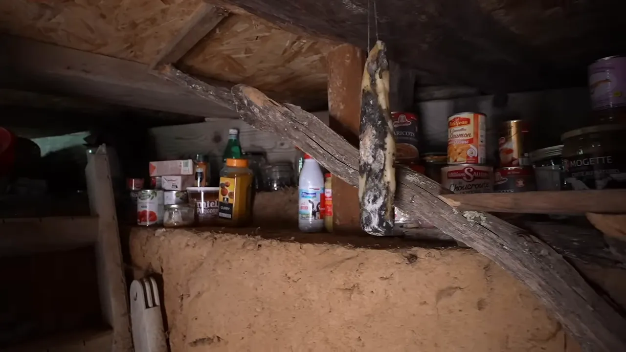 Étagères de cave en terre avec bocaux, conserves et provisions