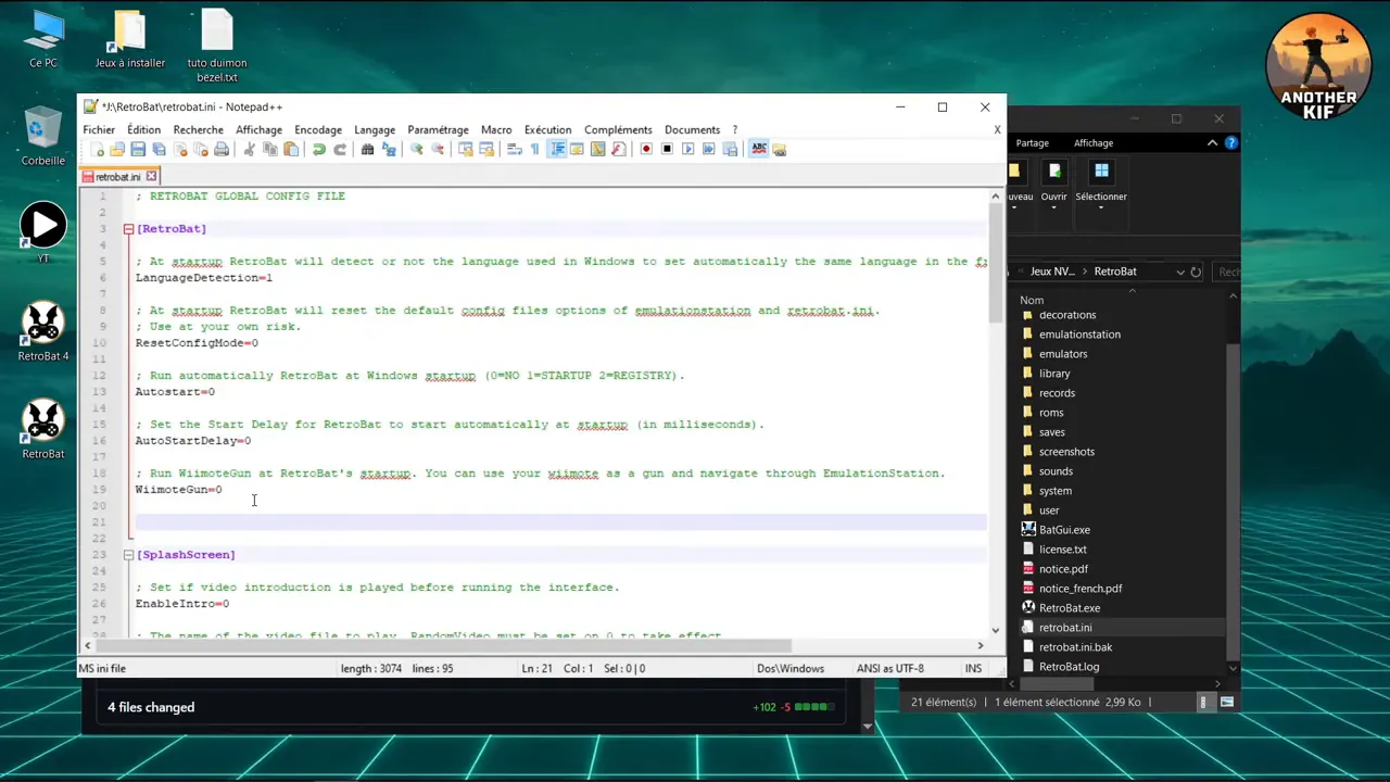 Éditeur de texte affichant le fichier de configuration retrobat.ini