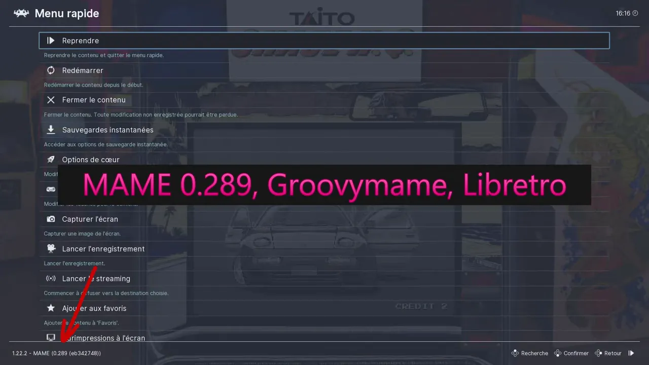 Menu de mise à jour RetroBat avec texte MAME 0.289 GroovyMAME Libretro