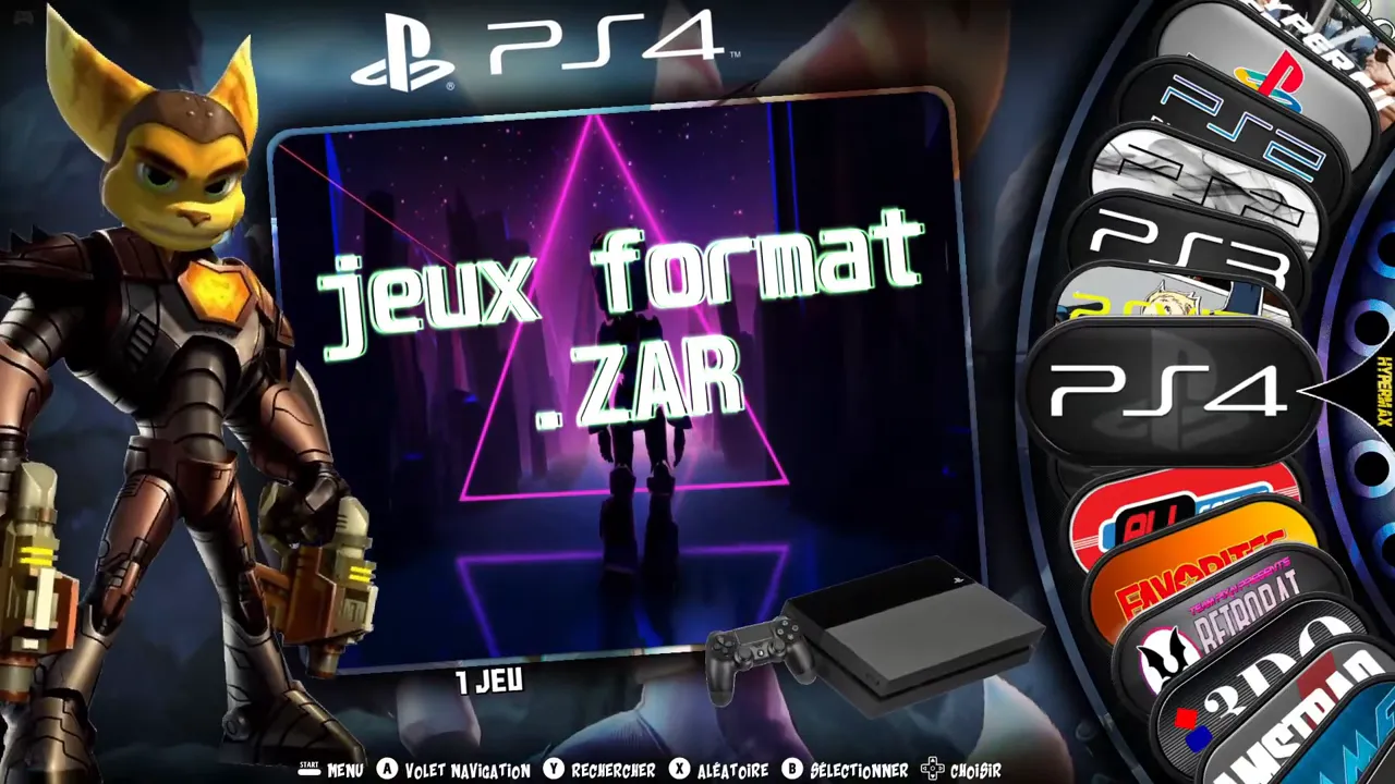 Écran RetroBat PlayStation 4 affichant le texte jeux format .ZAR