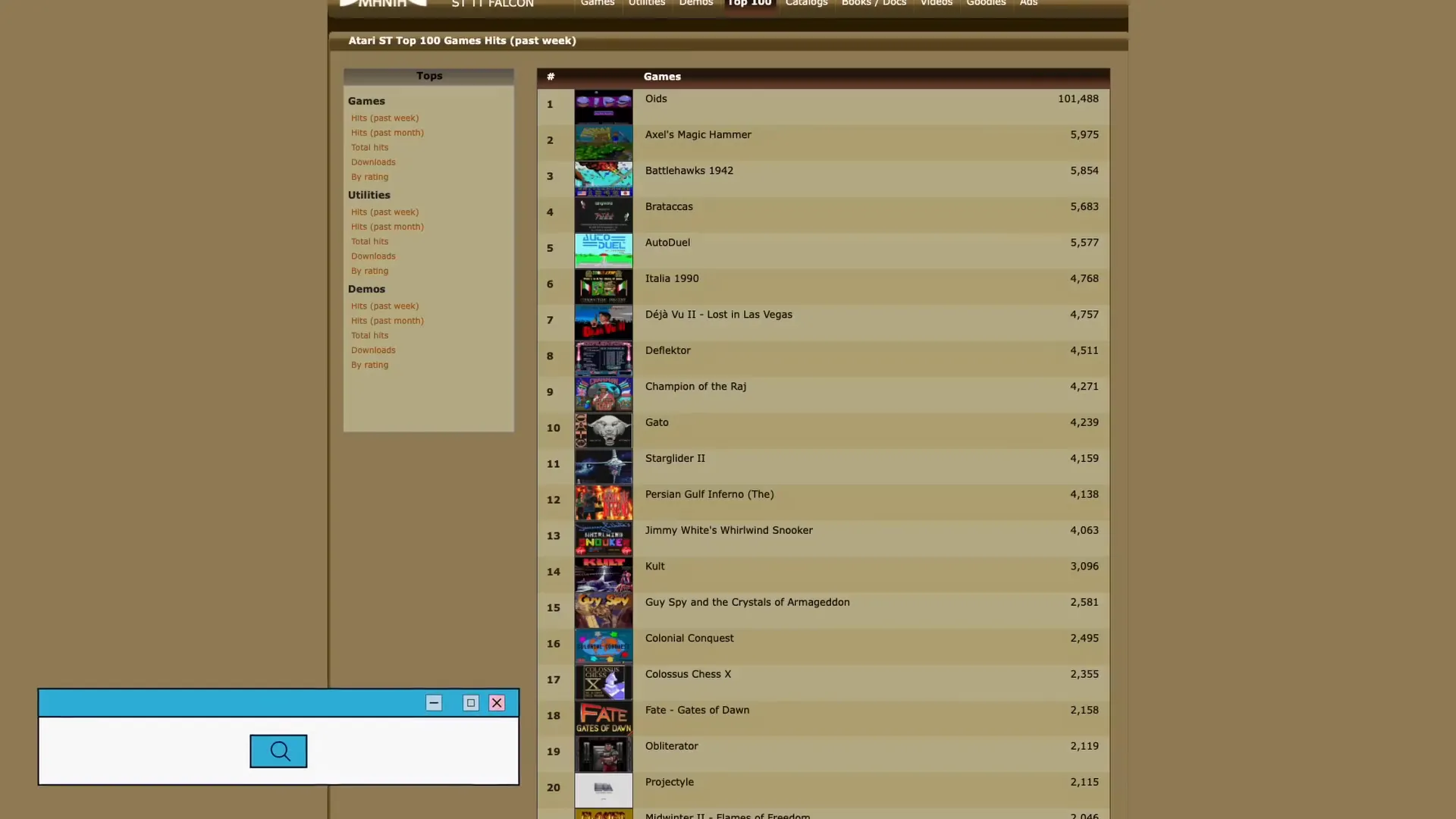 Interface du site Atarimania dédié aux jeux Atari
