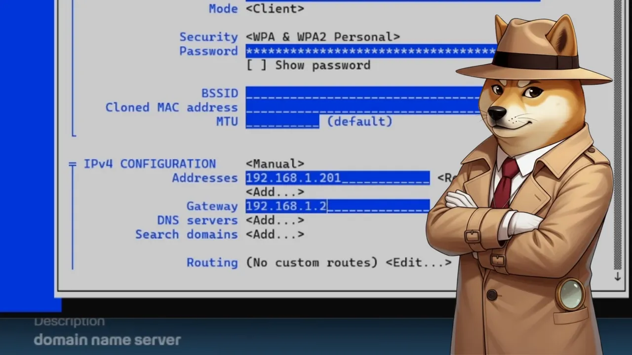 nmtui écran IPv4 Configuration montrant Addresses 192.168.1.201 et Gateway 192.168.1.2