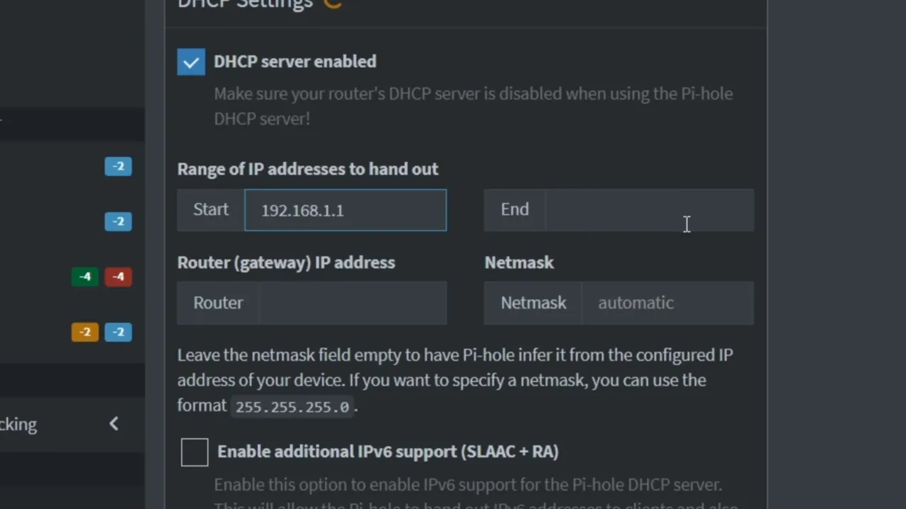 Paramètres DHCP de Pi‑hole avec 'DHCP server enabled' coché et champ Start rempli 192.168.1.1