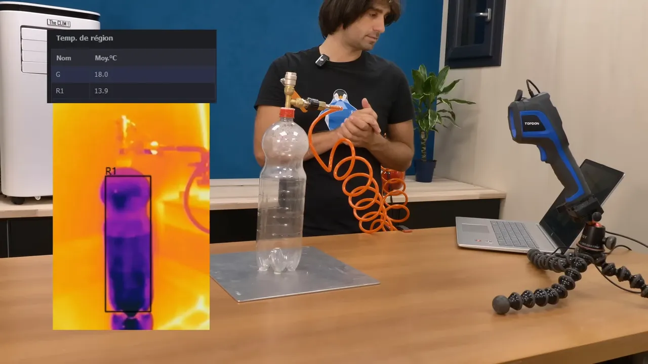 Caméra thermique illustrant la baisse de température liée à la détente du gaz (zone R1)