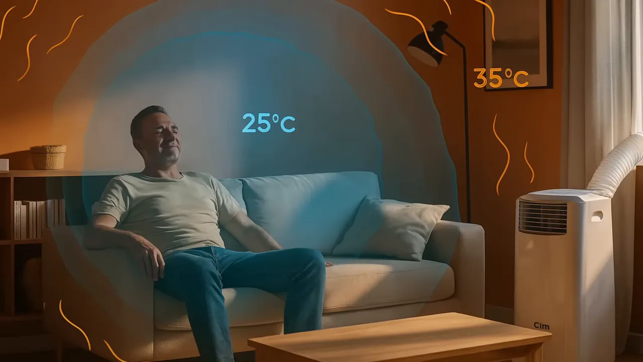 Caméra thermique d’un salon avec un climatiseur monobloc mobile et températures (25°C vs 35°C)