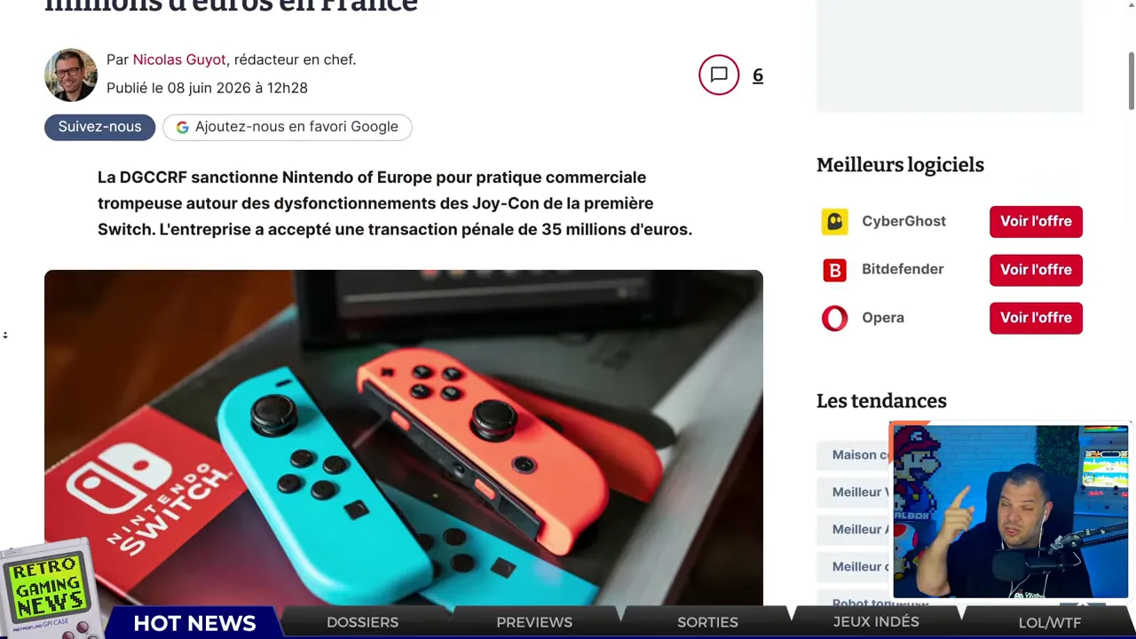 Article en ligne avec photo de Joy Con rouge et bleu et texte sur le drift