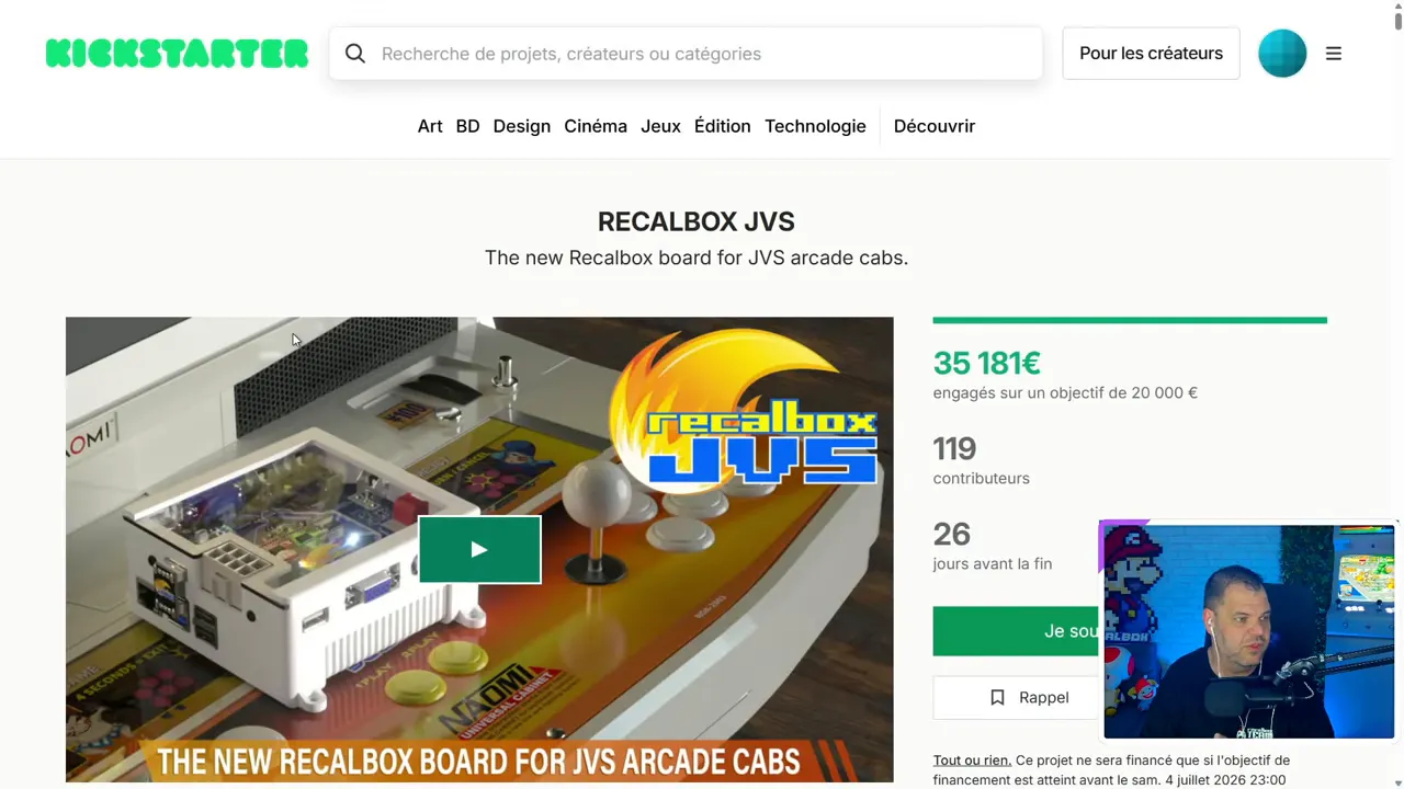 Page Kickstarter affichant une borne d arcade et les détails du projet