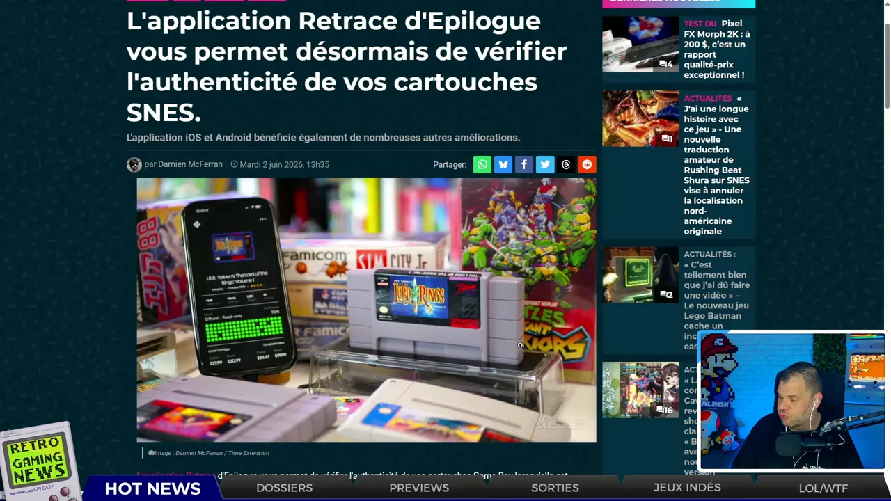 Interface logiciel avec image d une cartouche super nintendo et informations d authentification