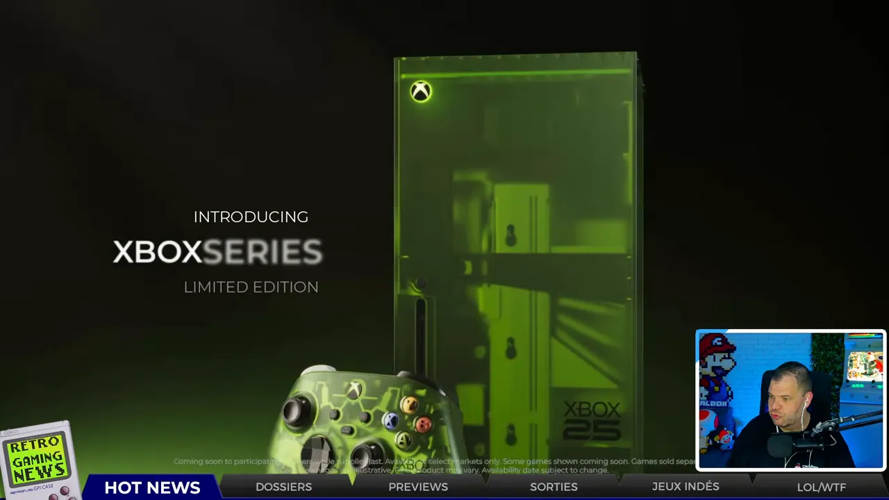 Console Xbox verte translucide et manette assortie avec texte 25 years of xbox