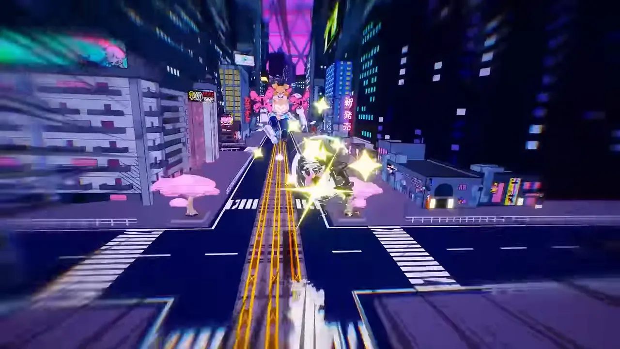 Train futuriste roulant sur des rails jaunes dans une ville néon