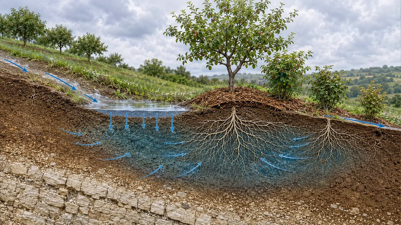 Illustration en coupe de baissières avec de l’eau infiltrée dans le sol sous les arbres