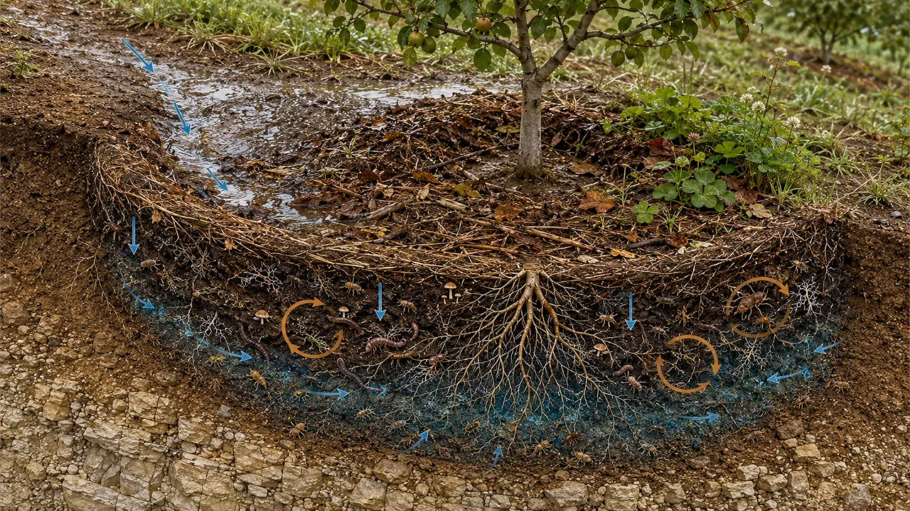 Illustration en coupe d’un arbre dans une cuvette bordée de terre avec une couche de matière organique