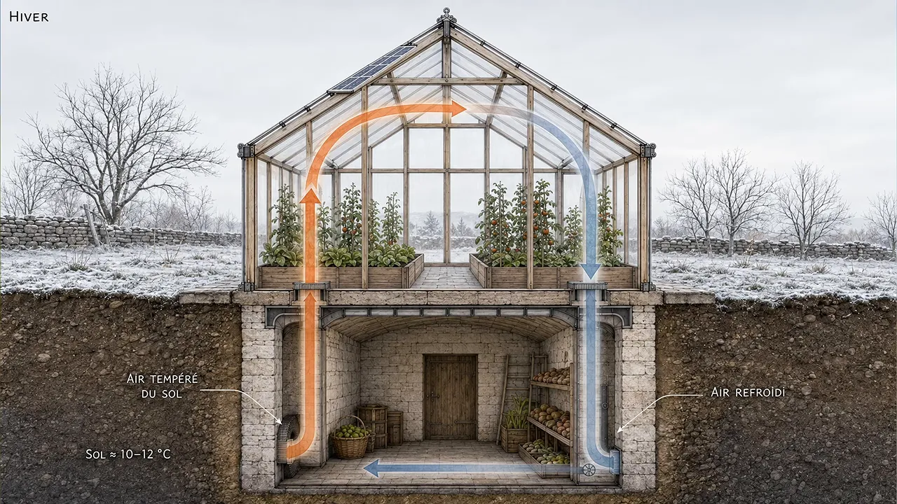 Illustration en coupe d’une serre au-dessus d’une cave enterrée avec des flèches de circulation d’air