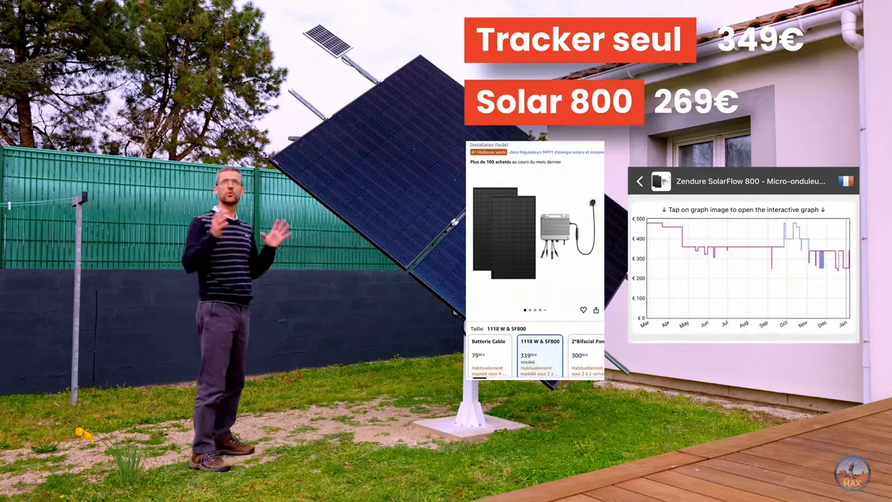 Capture promotionnelle comparant tracker solaire et kit panneaux avec prix affichés