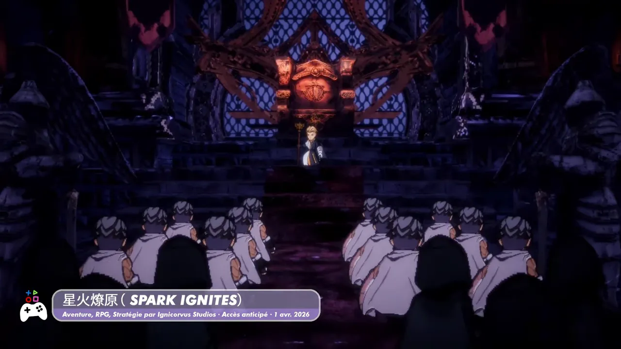 Capture d’écran de SPARK IGNITES montrant une salle sombre et solennelle avec un personnage au centre et l’interface du jeu