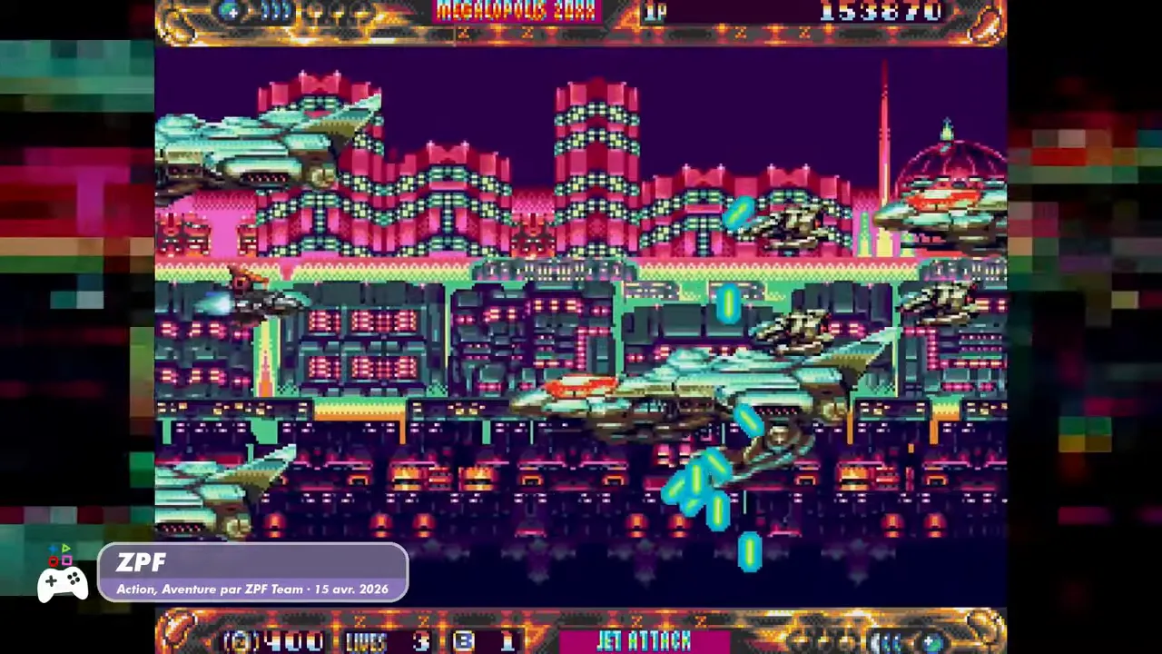 ZPF gameplay néo-rétro dans un décor industriel, personnage pixel art en combat et projectiles à l’écran