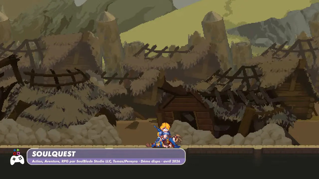 Personnage dans un décor pixel art de SoulQuest avec l’interface « SoulQuest »