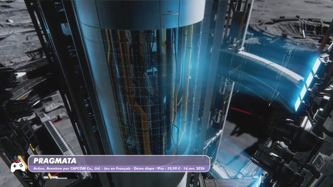 PRAGMATA : vue de la station lunaire et interface de présentation à l’écran