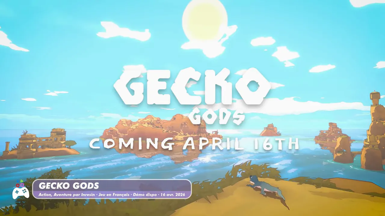 Gecko Gods : Coming April 16th, vue de l’archipel et du gecko dans l’environnement