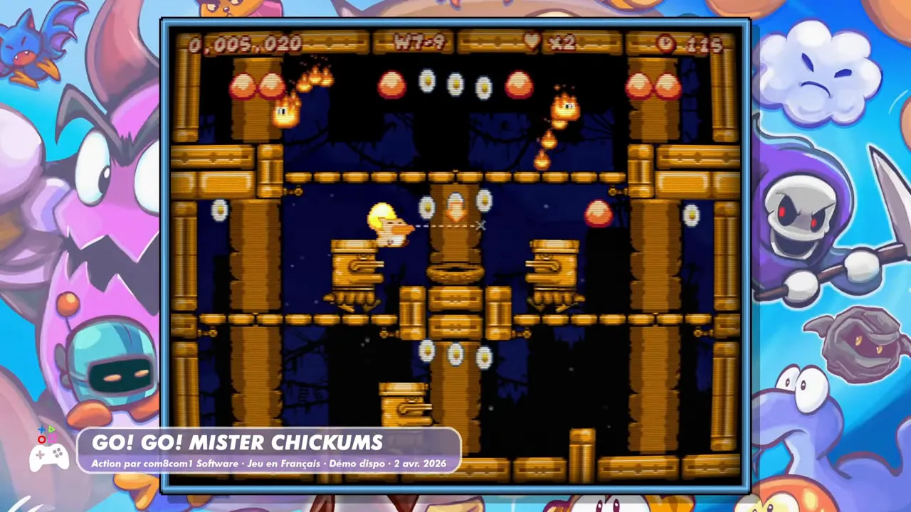 Gameplay 2D de Go! Go! Mister Chickums avec l’HUD de score, des ennemis en niveaux et un héros en action