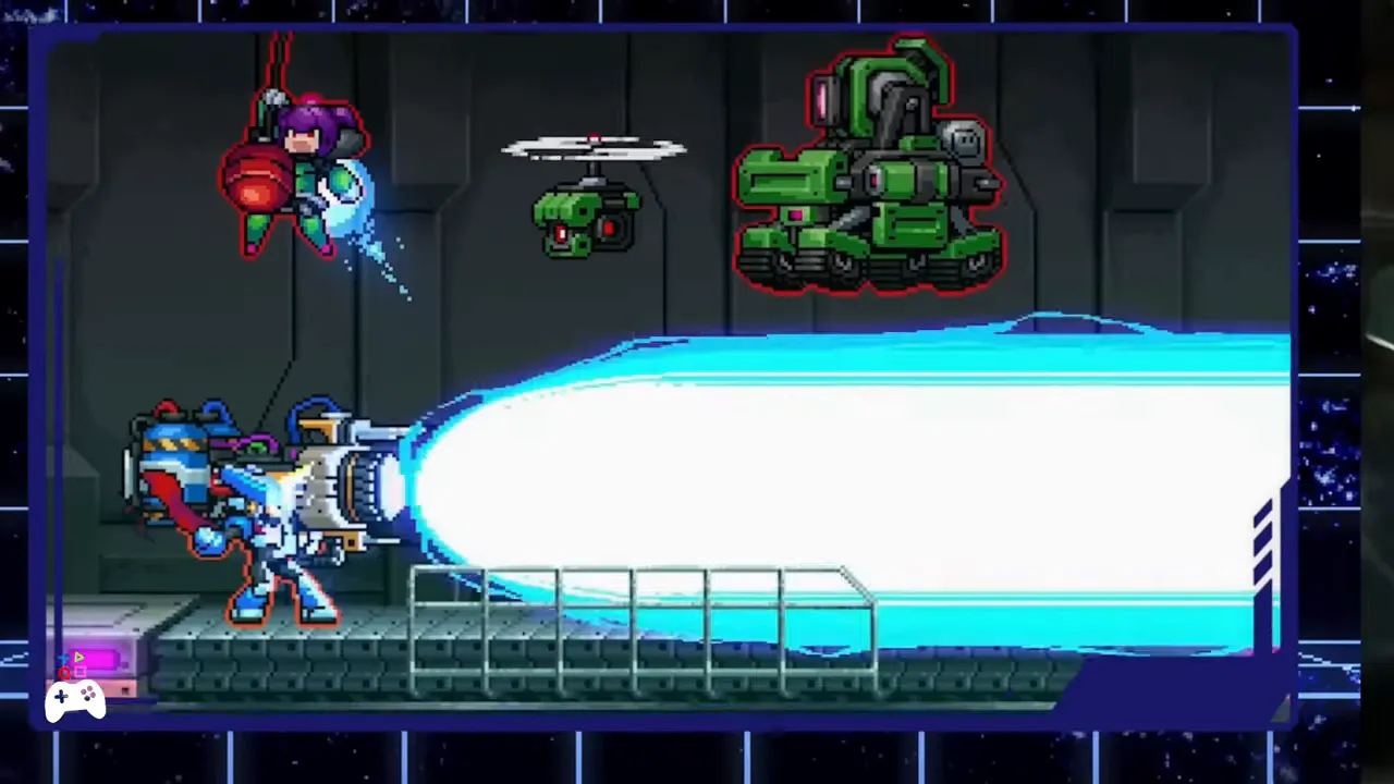 Capture d’écran de gameplay néo-rétro avec un personnage en pixel art tirant un projectile dans un décor industriel