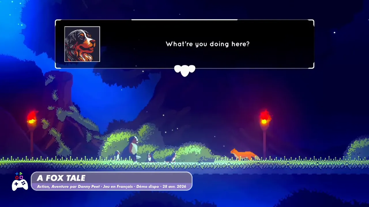 A Fox Tale: scène de plateforme pixel art avec bulle de dialogue et interface d’annonce