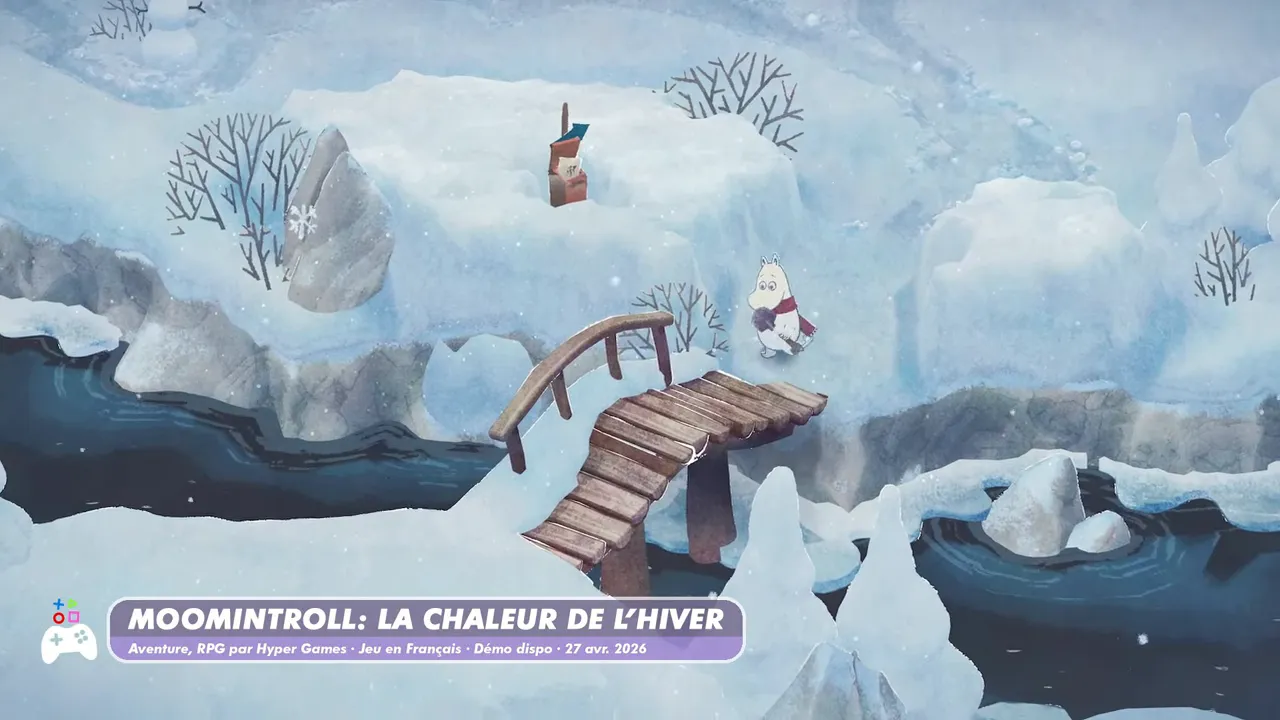 Moomintroll: La Chaleur de l’hiver — exploration sur une rivière glacée avec Moomin sur un pont