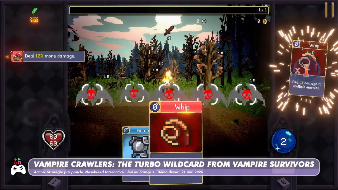 Jeu néo-rétro type Vampire Survivors avec personnage et vagues d’ennemis, écran de sélection de compétence « Whip »
