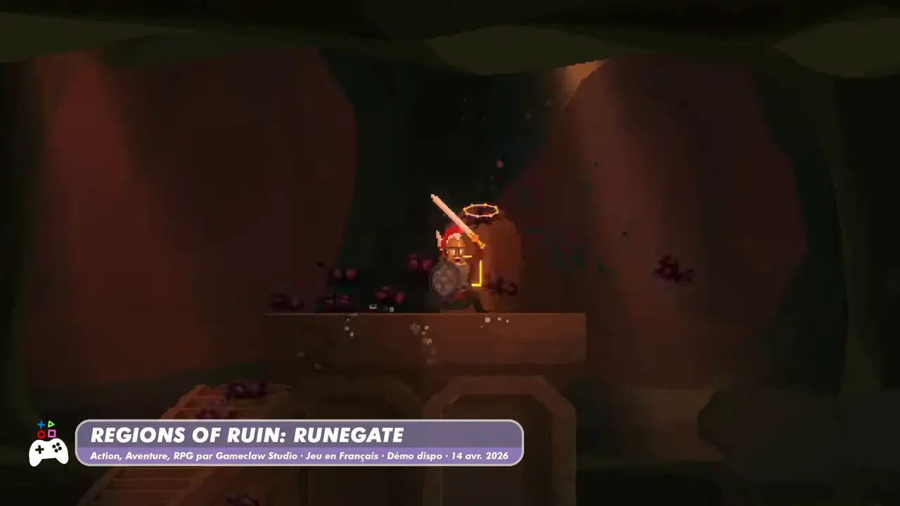 Gameplay de Regions of Ruin: Runegate avec l’HUD affichant le titre, le personnage en attaque dans un couloir, effets lumineux néo-rétro