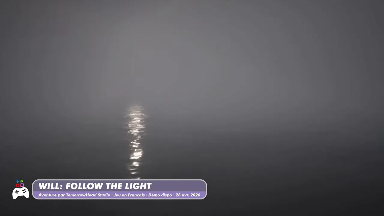 Interface de WILL: Follow The Light avec un rayon de lumière dans une brume sombre et le panneau d’informations en bas